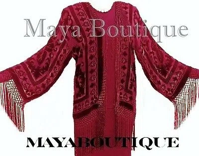 Pre-owned Maya Matazaro Burgundy Fringe Jacket Kimono Bolero Silk Burnout Velvet  Usa Made In Red