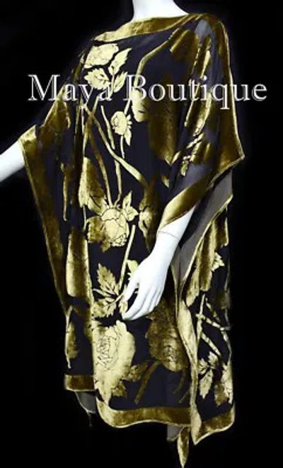 Pre-owned Maya Matazaro Caftan Dress Kimono Silk Burnout Velvet Antique Gold Blk Hand Dyed