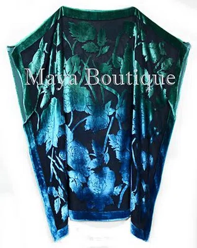 Pre-owned Maya Matazaro Caftan Dress Kimono Silk Burnout Velvet Maya Dyed Stained Glass Blue & Greens