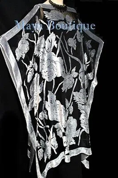 Pre-owned Maya Matazaro Caftan Dress Kimono Silk Burnout Velvet Silver Black
