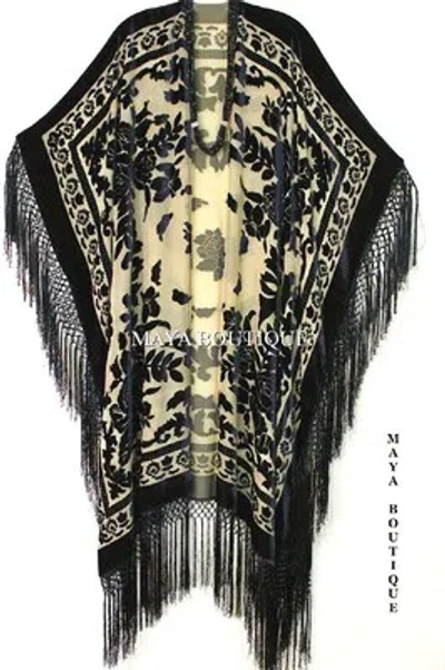 Pre-owned Maya Matazaro Caftan Duster Fringe Jacket Kimono Black Beige Silk Burnout Velvet