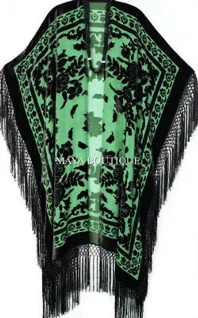 Pre-owned Maya Matazaro Caftan Duster Fringe Jacket Kimono Black Green Silk Burnout Velvet  In Green Black