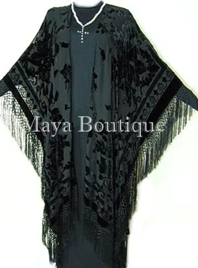 Pre-owned Maya Matazaro Caftan Duster Fringe Jacket Kimono Opera Coat Black Burnout Velvet