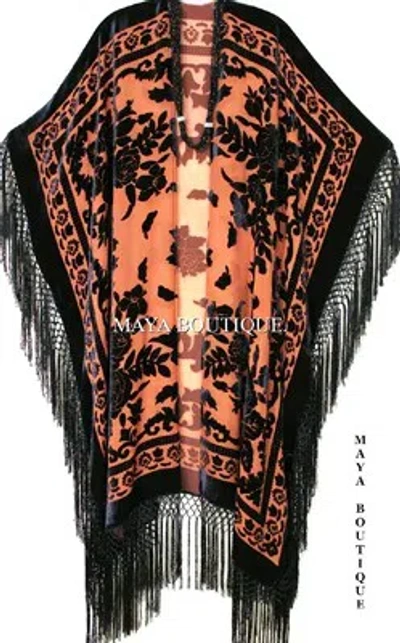 Pre-owned Maya Matazaro Caftan Duster Fringe Jacket Kimono Tangerine & Black Silk Burnout Velvet Maya