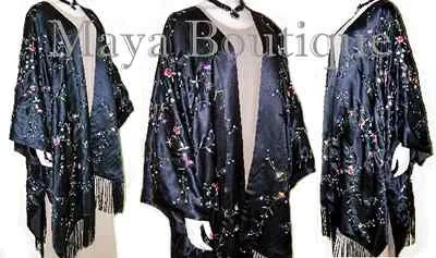 Pre-owned Maya Matazaro Caftan Kimono Duster Embroidered Silk Charmeuse Fringed & Lined Maya In Black / Multi