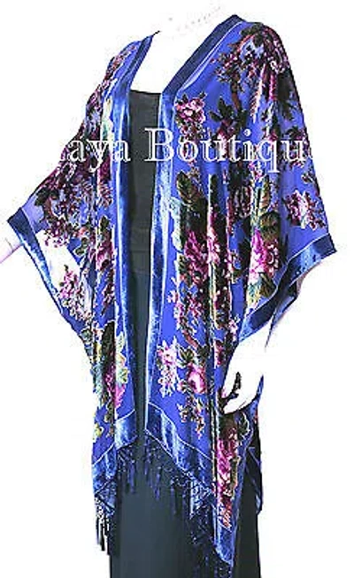 Pre-owned Maya Matazaro Caftan Kimono Duster Silk Burnout Velvet Royal Blue Gypsy Rose  In Royal Blue Multi Gypsy Rose