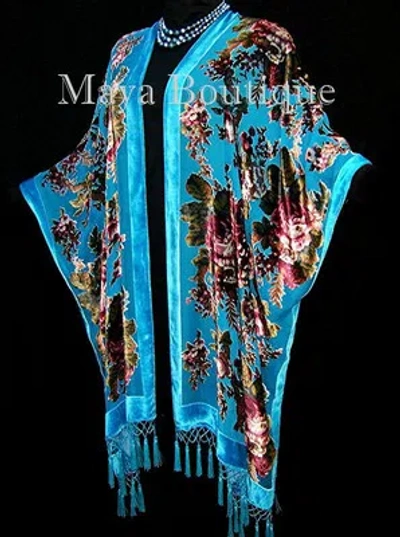 Pre-owned Maya Matazaro Caftan Kimono Duster Silk Burnout Velvet Turquoise Gypsy Rose  In Blue