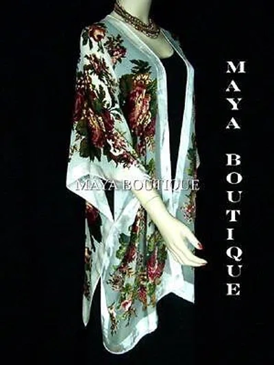 Pre-owned Maya Matazaro Caftan Kimono Duster Silk Burnout Velvet White Multi Gypsy Rose