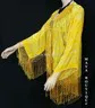 Pre-owned Maya Matazaro Canary Yellow Fringe Jacket Kimono Silk Burnout Velvet Usa Made