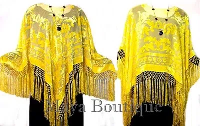 Pre-owned Maya Matazaro Canary Yellow Poncho Fringe Shawl Top Silk Burnout Velvet