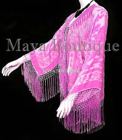 Pre-owned Maya Matazaro Candy Pink Silk Burnout Velvet Short Fringe Jacket Short Kimono Maya Jacket