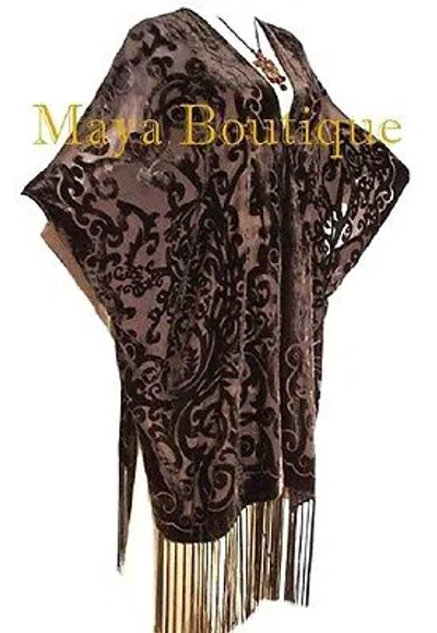 Pre-owned Maya Matazaro Coco Brown Art Nouveau Caftan Kimono Fringe Duster Burnout Velvet