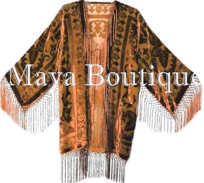 Pre-owned Maya Matazaro Copper Burnout Velvet Silk Fringe Jacket Short Kimono By