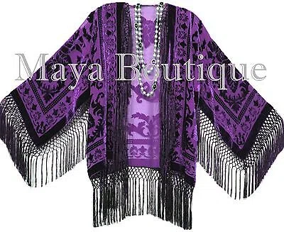 Pre-owned Maya Matazaro Dark Purple Fringe Jacket Silk Burnout Velvet Kimono Short Flapper Maya Boutique