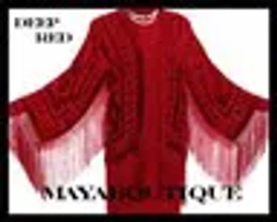 Pre-owned Maya Matazaro Deep Red Burnout Velvet Silk Fringe Jacket Kimono  Made In Usa