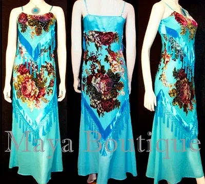 Pre-owned Maya Matazaro Dress Gown Turquoise Silk Burnout Velvet Beaded Victorian Roses  L In Turquoise Multi