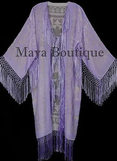 Pre-owned Maya Matazaro Dusty Lilac Silk Burnout Velvet Fringes Jacket Kimono Long Coat  In Purple
