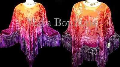 Pre-owned Maya Matazaro Dyed Poncho Shawl Top Magenta & Coral Silk Burnout Velvet Usa Made In Purple