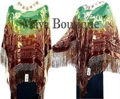 Pre-owned Maya Matazaro Dyed Silk Poncho Shawl Top Brown & Green  In Multicolor