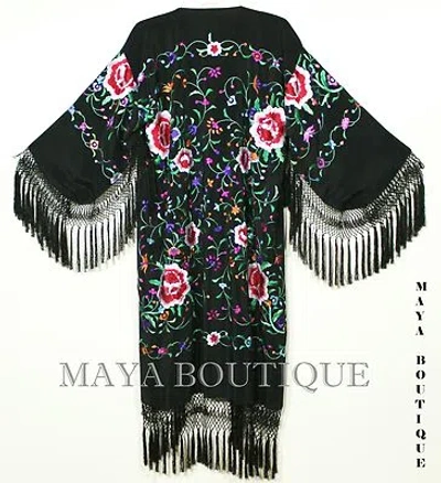 Pre-owned Maya Matazaro Embroidered Silk Fringe Jacket Flamenco Kimono Black & Multi