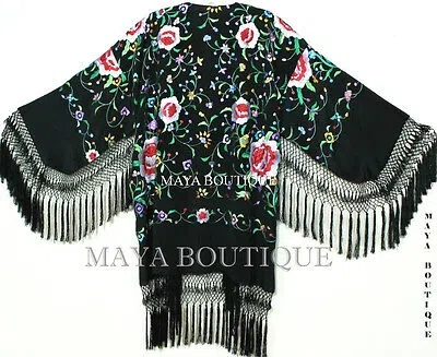 Pre-owned Maya Matazaro Embroidered Silk Fringe Jacket Flamenco Kimono Black Multi Short