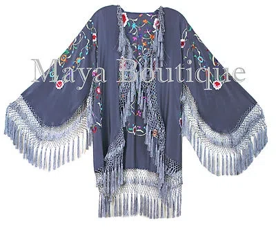 Pre-owned Maya Matazaro Embroidered Silk Fringe Jacket Flamenco Kimono Lilac Grey Short