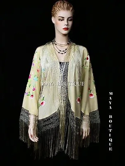 Pre-owned Maya Matazaro Embroidered Silk Fringe Jacket Flamenco Kimono Vanilla Multi Short  In White