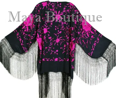 Pre-owned Maya Matazaro Embroidered Silk Fringe Jacket Kimono Black & Fuchsia Short In Pink & Black