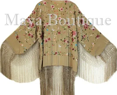 Pre-owned Maya Matazaro Embroidered Silk Fringe Jacket Kimono Coat Wheat Multi Short In Beige