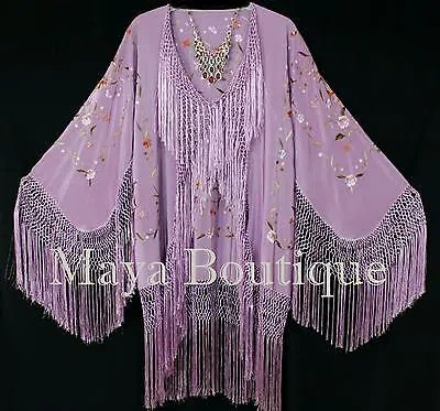 Pre-owned Maya Matazaro Embroidered Silk Fringe Jacket Kimono Lilac Multi Birds Flower Usa In Purple