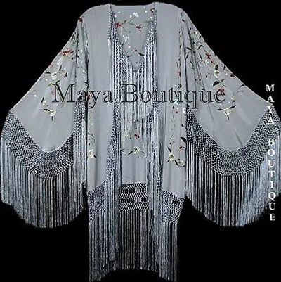 Pre-owned Maya Matazaro Embroidered Silk Fringe Jacket Kimono Silver Gray Birds & Flower
