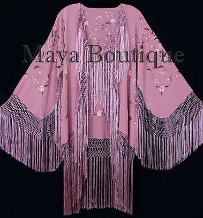 Pre-owned Maya Matazaro Embroidered Silk Fringe Jacket Kimono Strawberry Ice Multi Birds Flower Maya