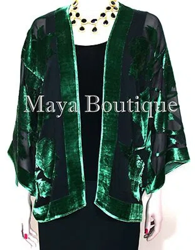 Pre-owned Maya Matazaro Emerald & Black Silk Burnout Velvet Jacket Short Kimono No Fringe  In Green