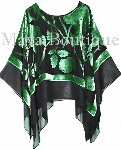 Pre-owned Maya Matazaro Emerald Green Black Tiered Poncho Top Silk Burnout Velvet Chiffon