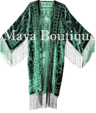 Pre-owned Maya Matazaro Emerald Green Kimono Long Fringe Jacket Burnout Velvet