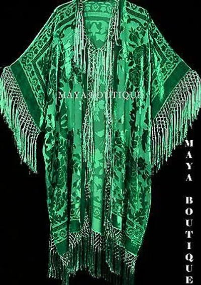 Pre-owned Maya Matazaro Emerald Green Silk Burnout Velvet Fringe Jacket Kimono Duster  Plus
