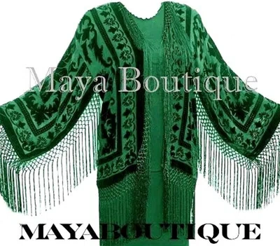 Pre-owned Maya Matazaro Emerald Green Silk Burnout Velvet Fringe Jacket Short Kimono