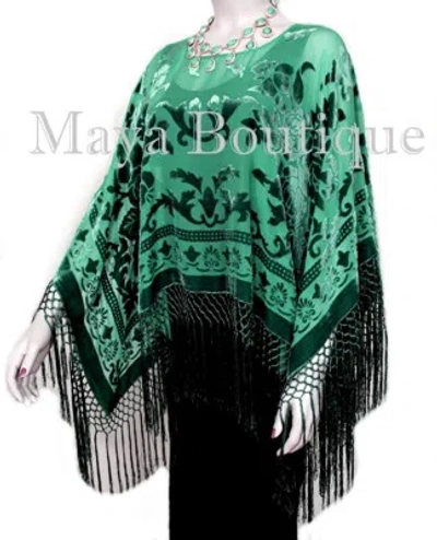 Pre-owned Maya Matazaro Emerald Green Silk Burnout Velvet Poncho Fringe Top Shawl