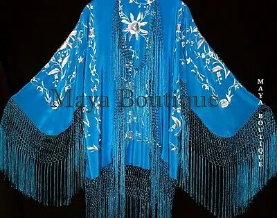 Pre-owned Maya Matazaro Flamenco Embroidered Silk Fringe Jacket Kimono Teal & Gray Short
