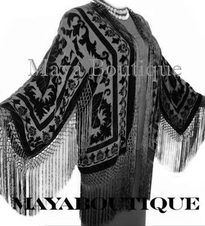 Pre-owned Maya Matazaro Flapper Fringe Jacket Kimono Black Rayon Blend Burnout Velvet Short Maya Jacket