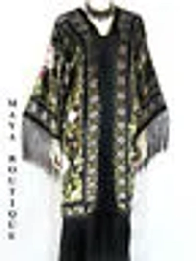 Pre-owned Maya Matazaro Flapper Style Fringe Jacket Kimono Silk Burnout Velvet Black Multi Roses Maya In Black Green Multi