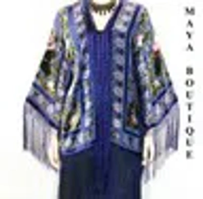 Pre-owned Maya Matazaro Fringe Jacket Bolero Silk Burnout Velvet Blue Multi