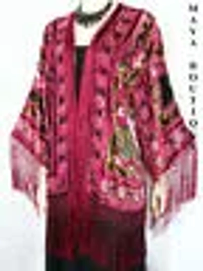 Pre-owned Maya Matazaro Fringe Jacket Bolero Silk Burnout Velvet Wine Multi Short