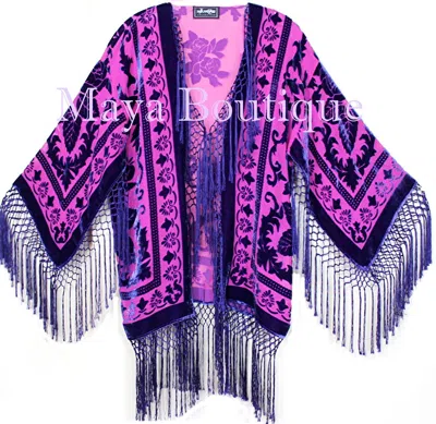 Pre-owned Maya Matazaro Fringe Jacket Kimono Duster Bolero Silk Burnout Velvet Pink Purple Short Maya
