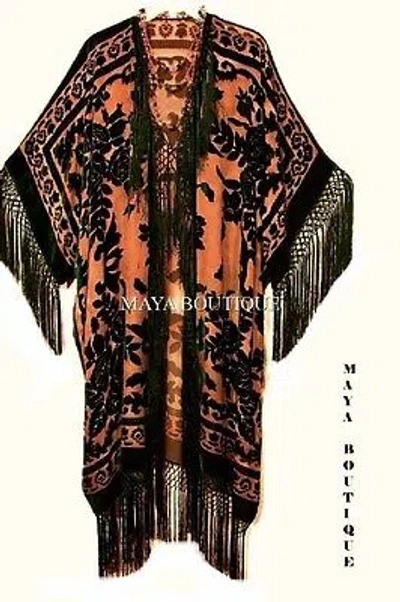 Pre-owned Maya Matazaro Fringe Jacket Kimono Duster Silk Burnout Velvet Tangerine Black