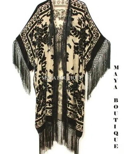 Pre-owned Maya Matazaro Fringe Jacket Kimono Duster Silk Burnout Velvet Taupe Black  Plus