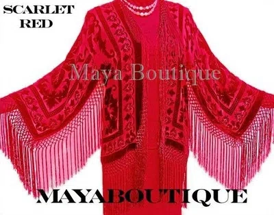 Pre-owned Maya Matazaro Fringe Jacket Kimono Scarlet Red Silk Burnout Velvet Short  Us Made