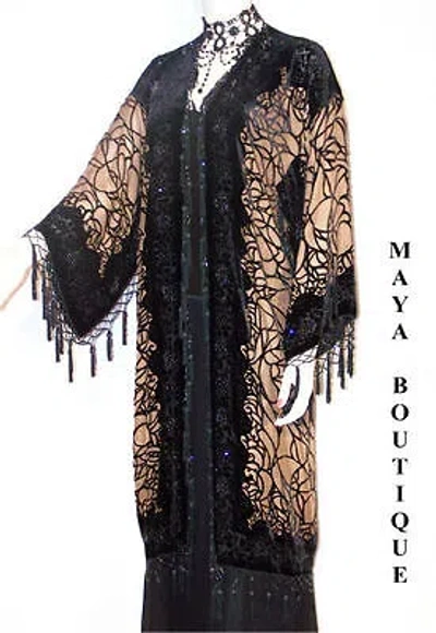 Pre-owned Maya Matazaro Fringe Jacket Kimono Silk Burnout Velvet Beaded Spider Black Beige