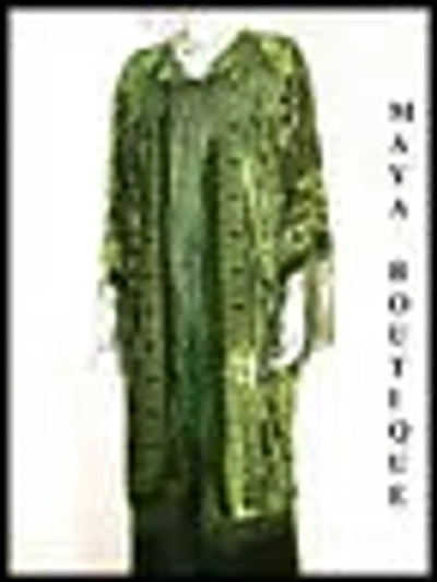 Pre-owned Maya Matazaro Fringe Jacket Kimono Silk Burnout Velvet Olive Green