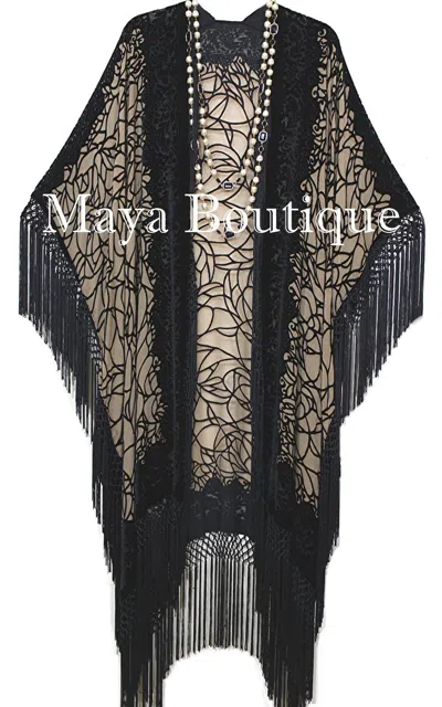 Pre-owned Maya Matazaro Fringe Jacket Kimono Silk Burnout Velvet Spider Black Beige Plus